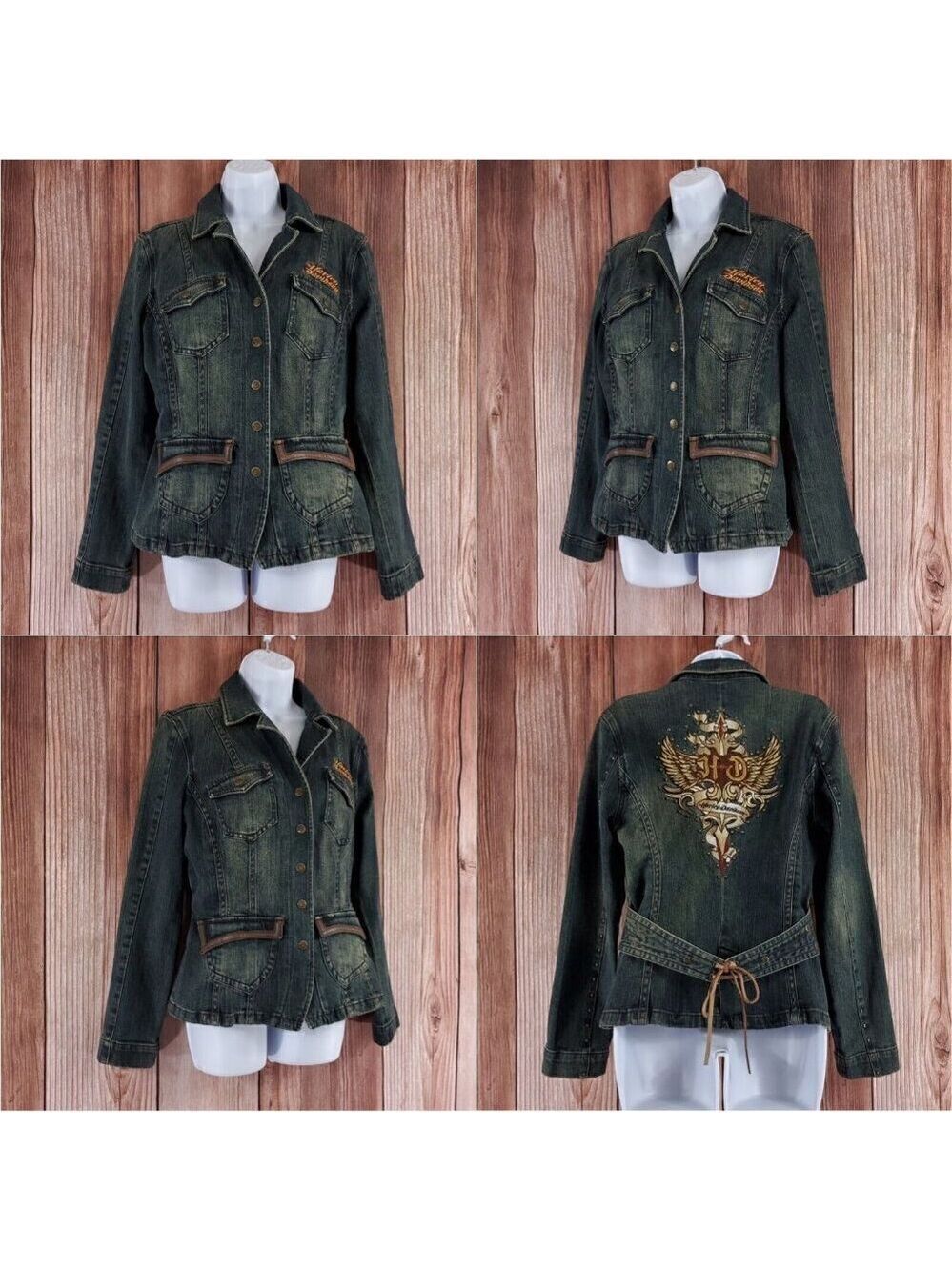 Harley Davidson HD Womens Size Medium Blue Denim Studded Biker Motorcycle Jacket